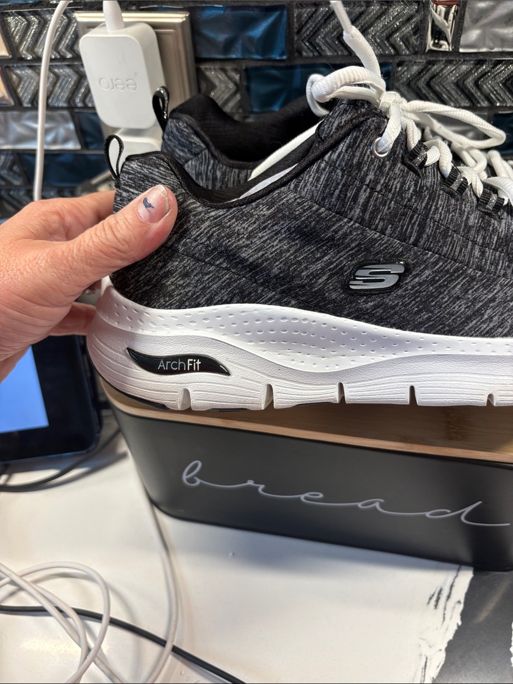 Skechers Women’s Black Heathered Knit Athletic Sneakers with White Accents - Picture 3 of 7